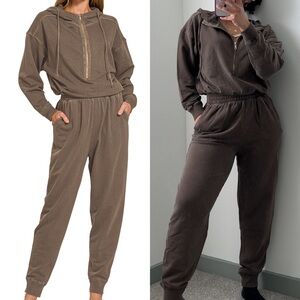 NEW Zenana Brown French Terry Cotton Hooded Jogger Jumpsuit Size Small